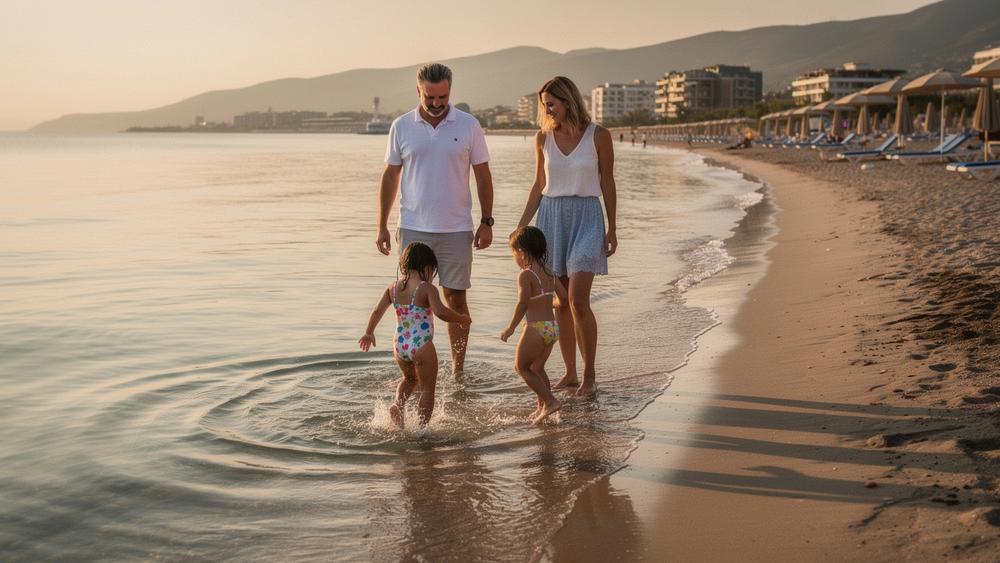 Two children wading in shallow water at a resort beach in Antalya with their parents