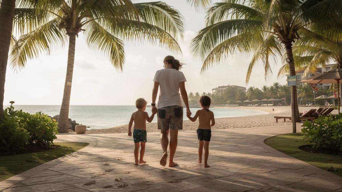 Parent and two children walking a shaded resort path toward a shallow beach entry in late afternoon