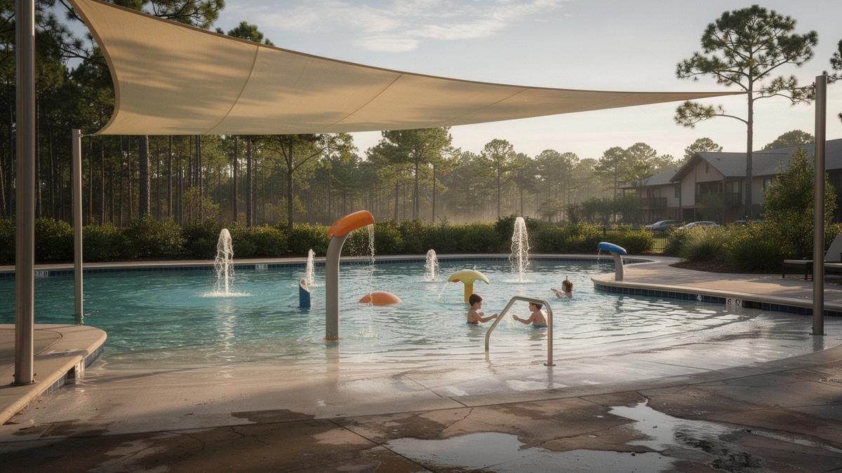 Shaded toddler pool with shallow entry at a beach resort